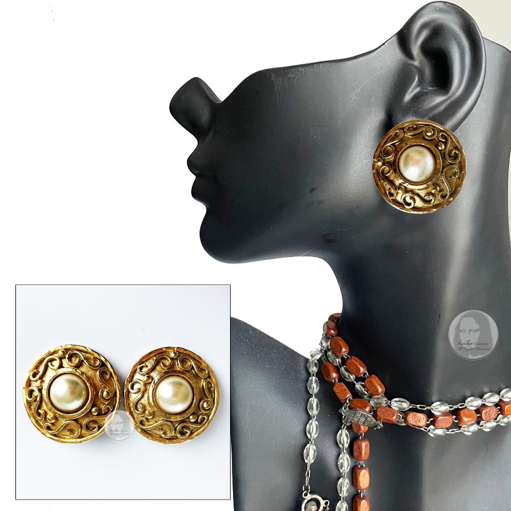 Edouard Rambaud Paris Earrings XL Round Etruscan Gold Metal Faux Pearl Vintage